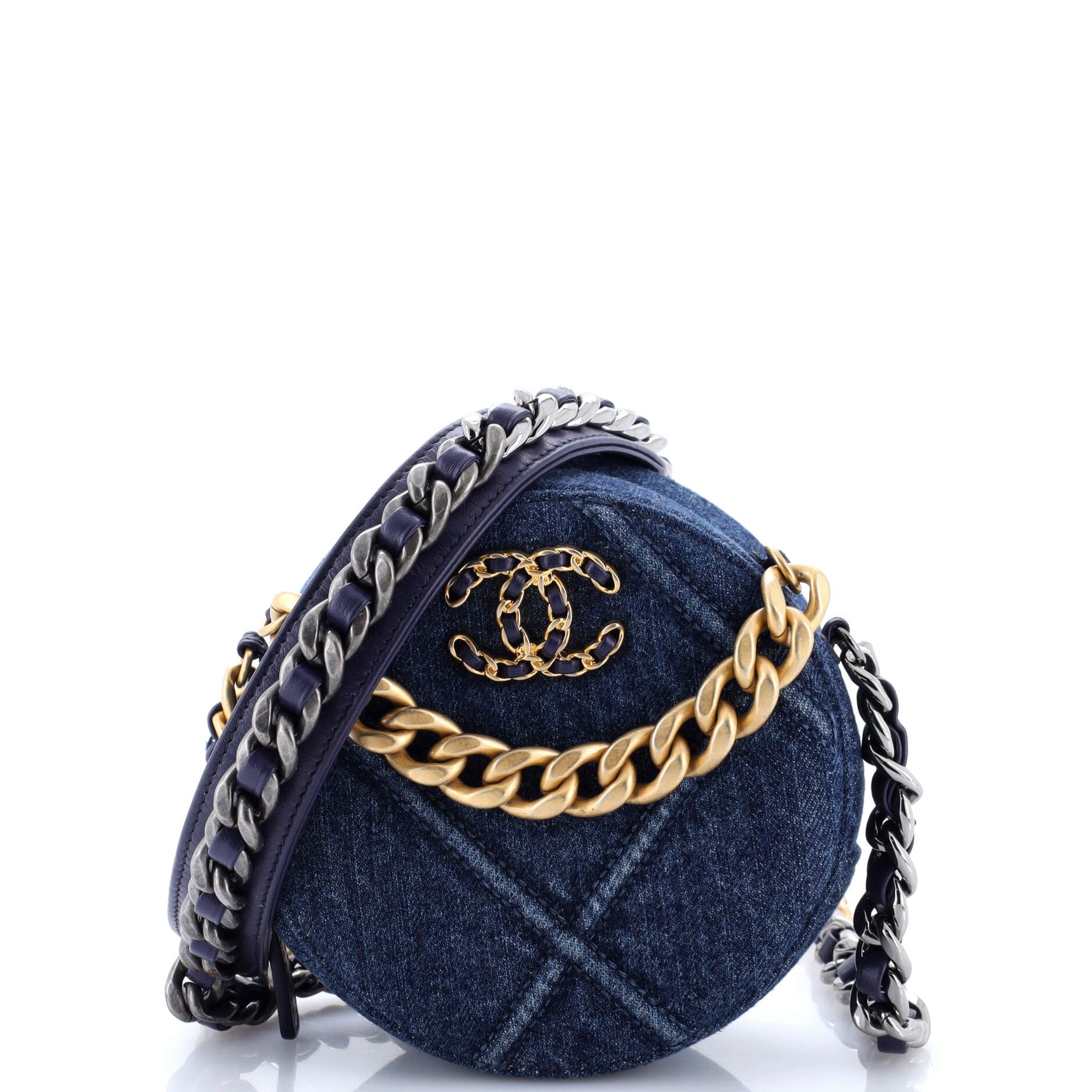Chanel 19 Round Clutch with Chain Quilted Denim