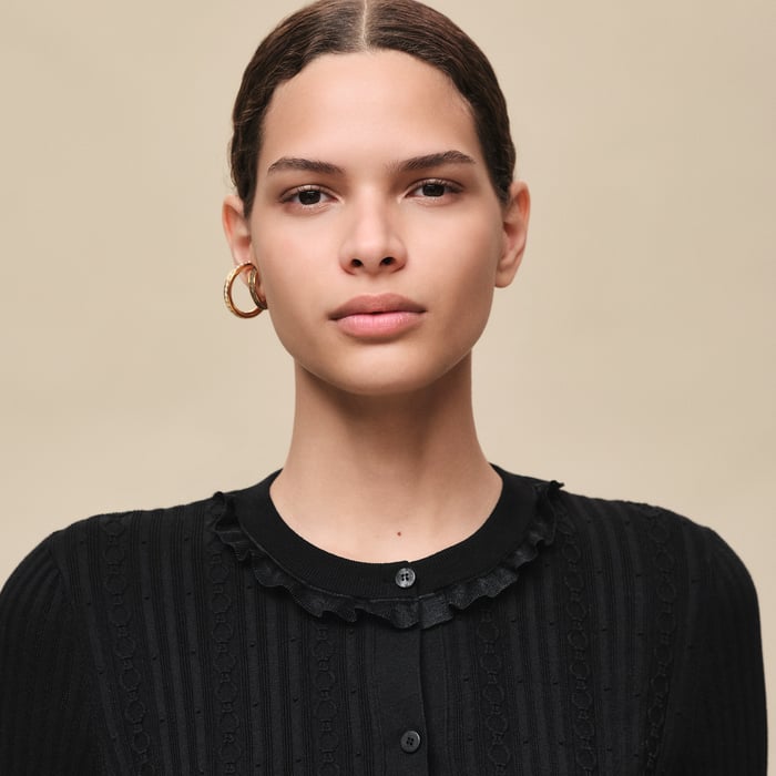 Noir Long-sleeve Cardigan With Ruffled Details