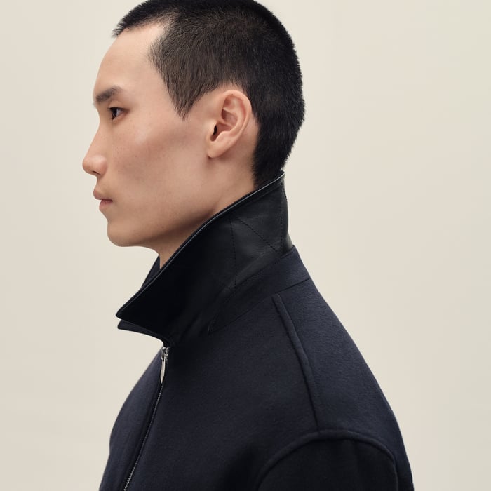 Marine Cashmere Zipped Straight Cut Jacket With Leather Details