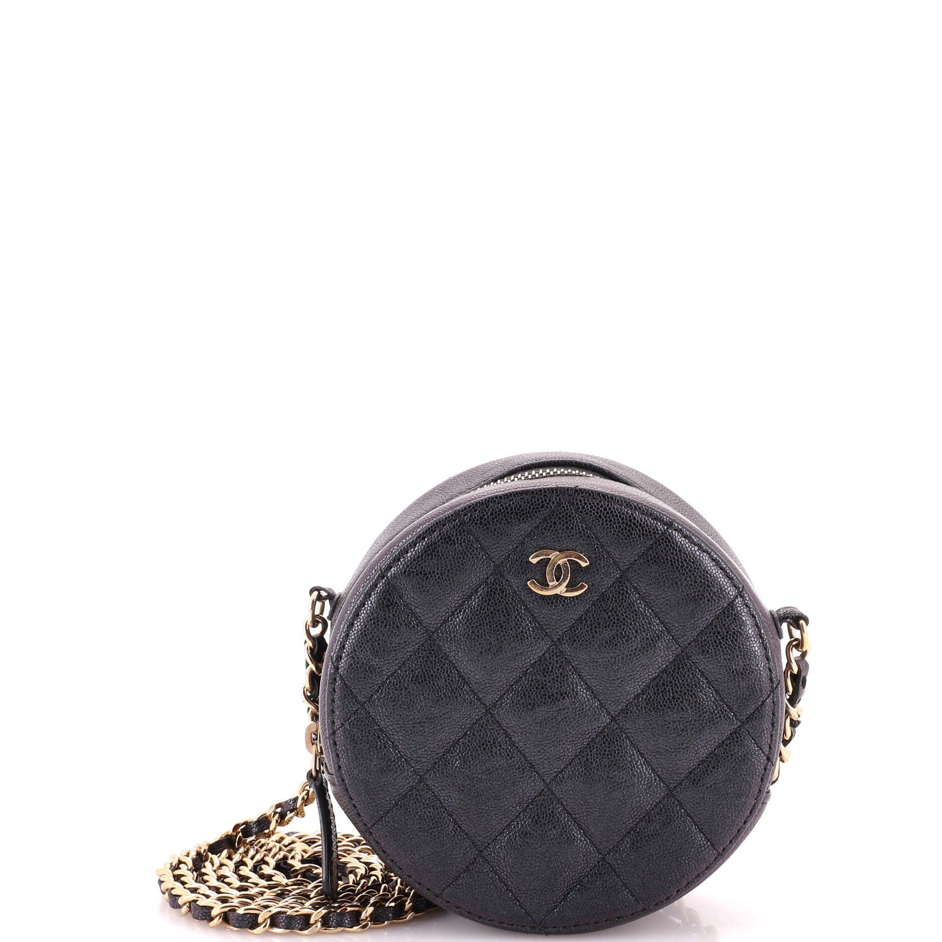Round Clutch with Chain Quilted Iridescent Caviar Mini