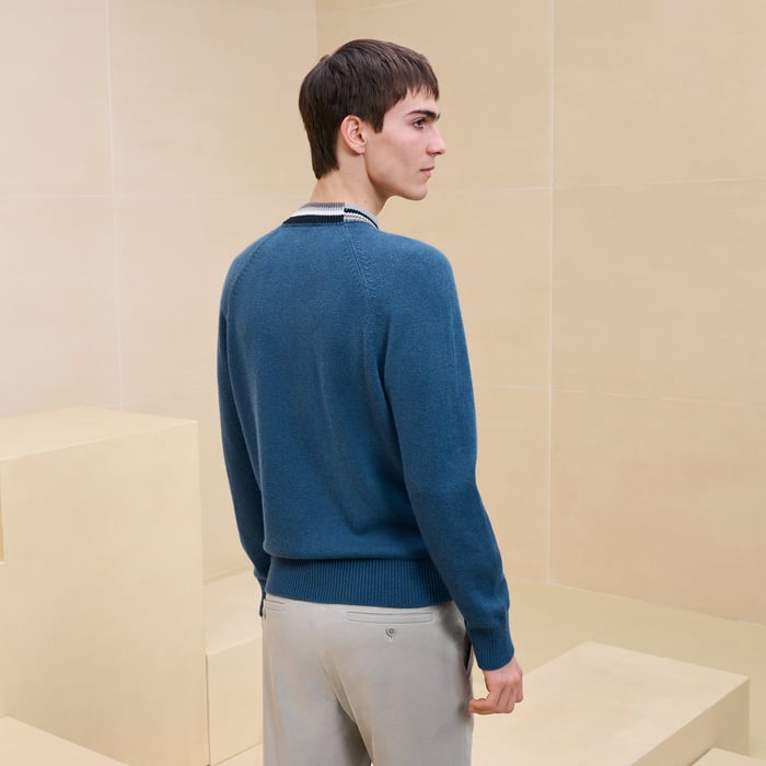 Bleu Turquin Cashmere "Rayures Asymetriques" Crewneck Sweater
