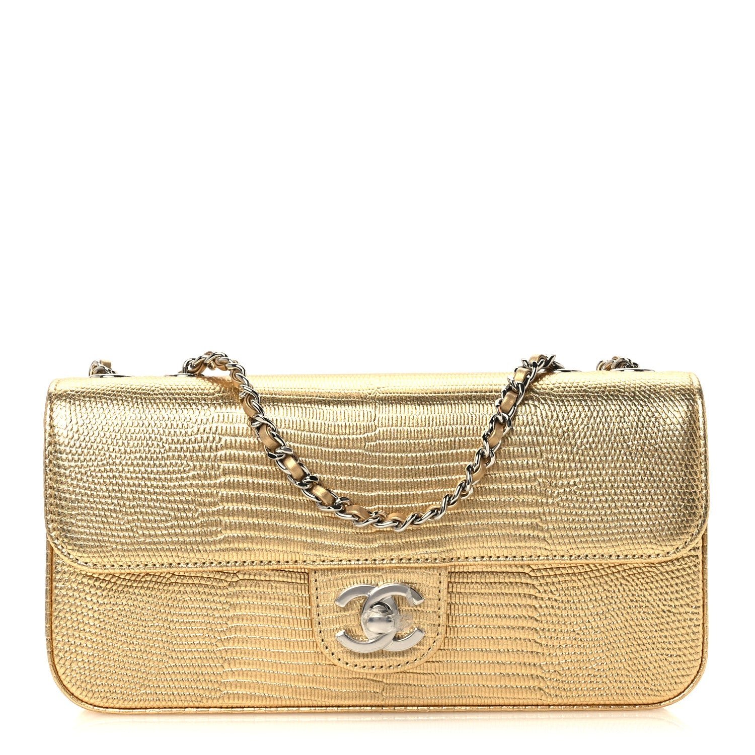 Chanel Metallic Calfskin Lizard Embossed Small East West Flap Gold