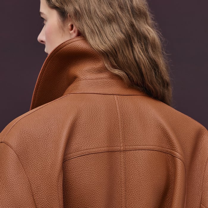 Marron Fauve Leather Pea Coat
