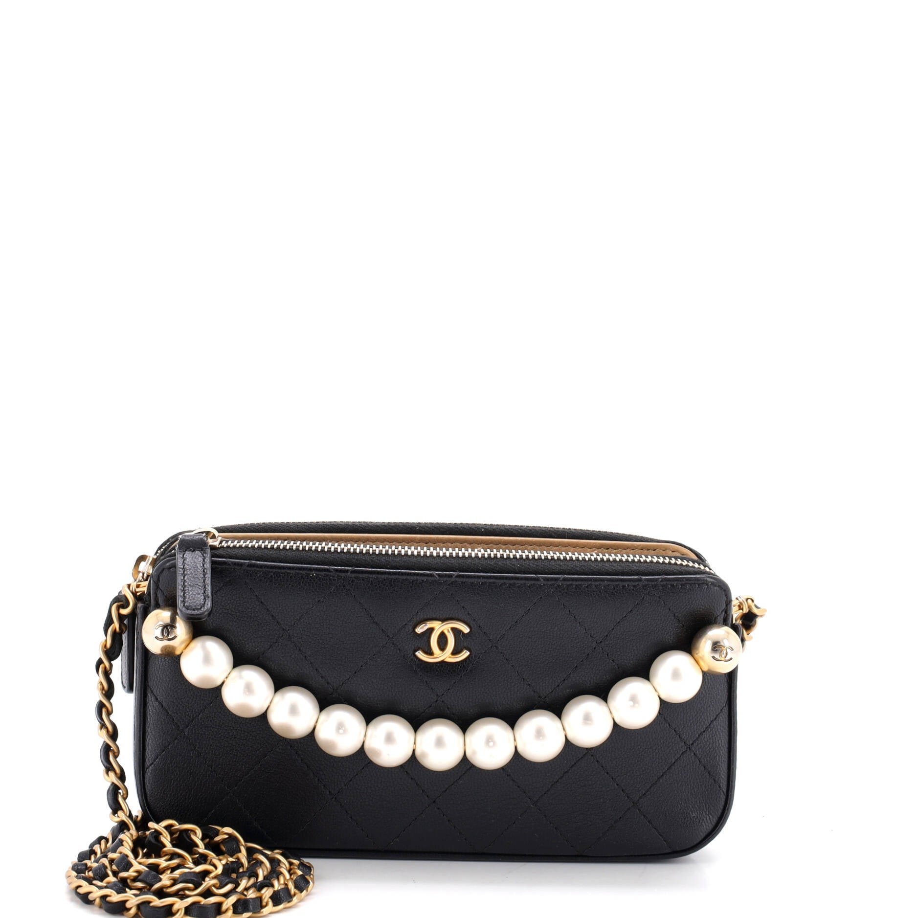 Chic Pearls Double Zip Clutch with Chain Quilted Lambskin