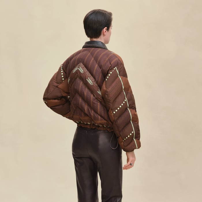 Marron Bois "Dressage Tressage" Mixed Leather Short Puffer Coat