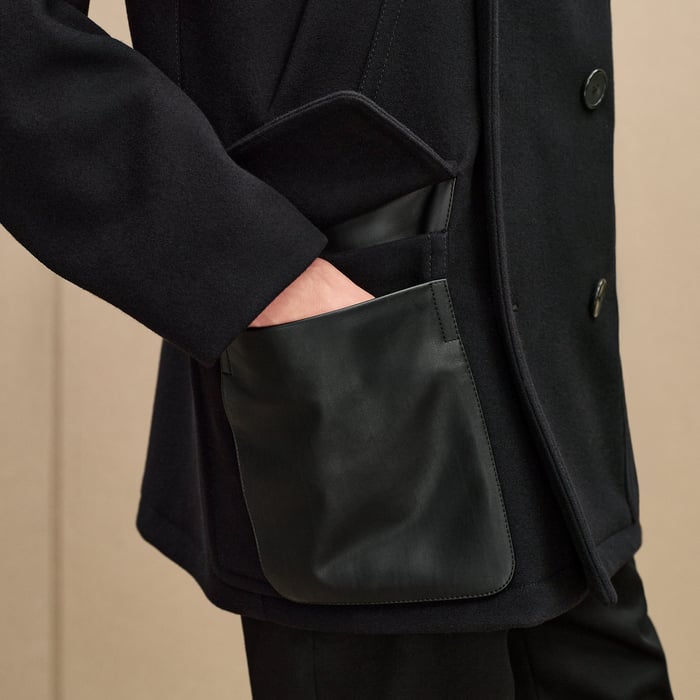 Marine Cashmere Pea Coat With Leather Details