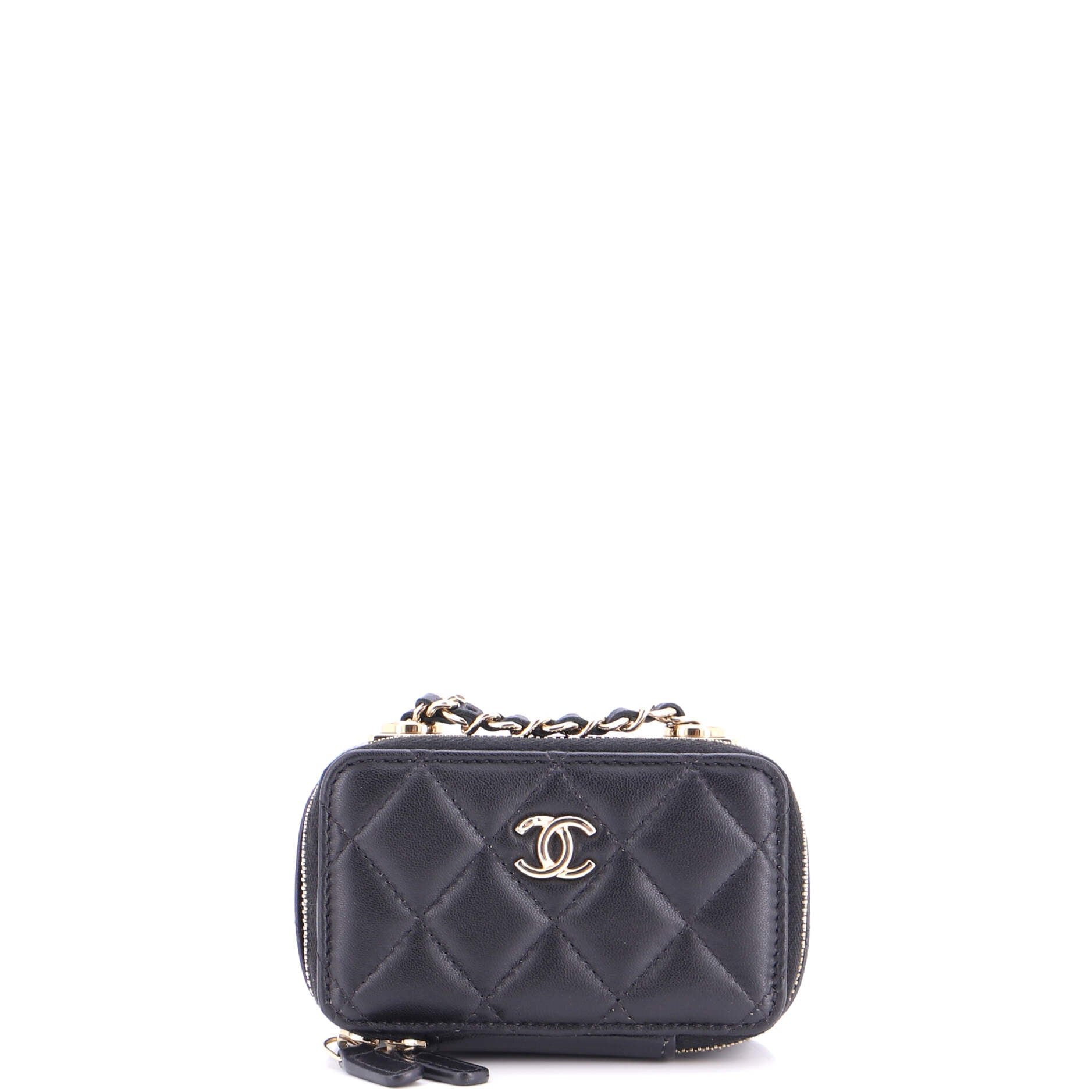 CC Chain Handle Zip Around Vanity Case with Chain Quilted Lambskin Mini