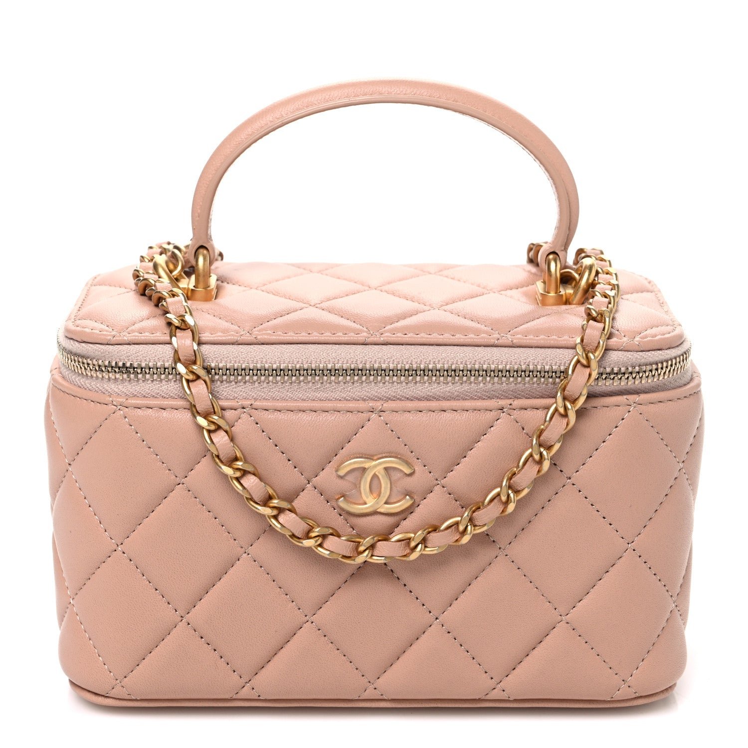 Chanel Lambskin Quilted Small Top Handle Vanity Case With Chain Beige