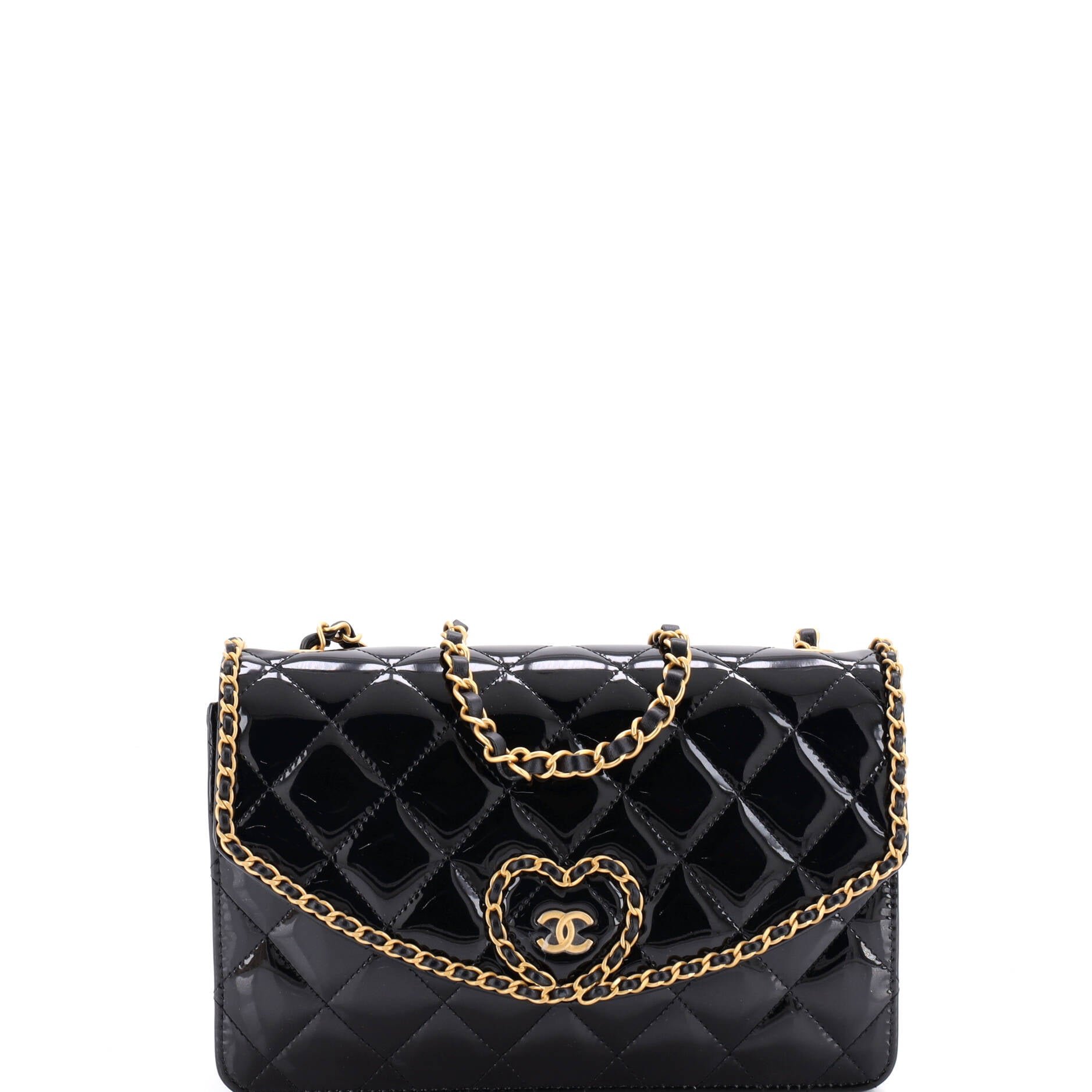 Heart Chain Flap Bag Quilted Patent Small