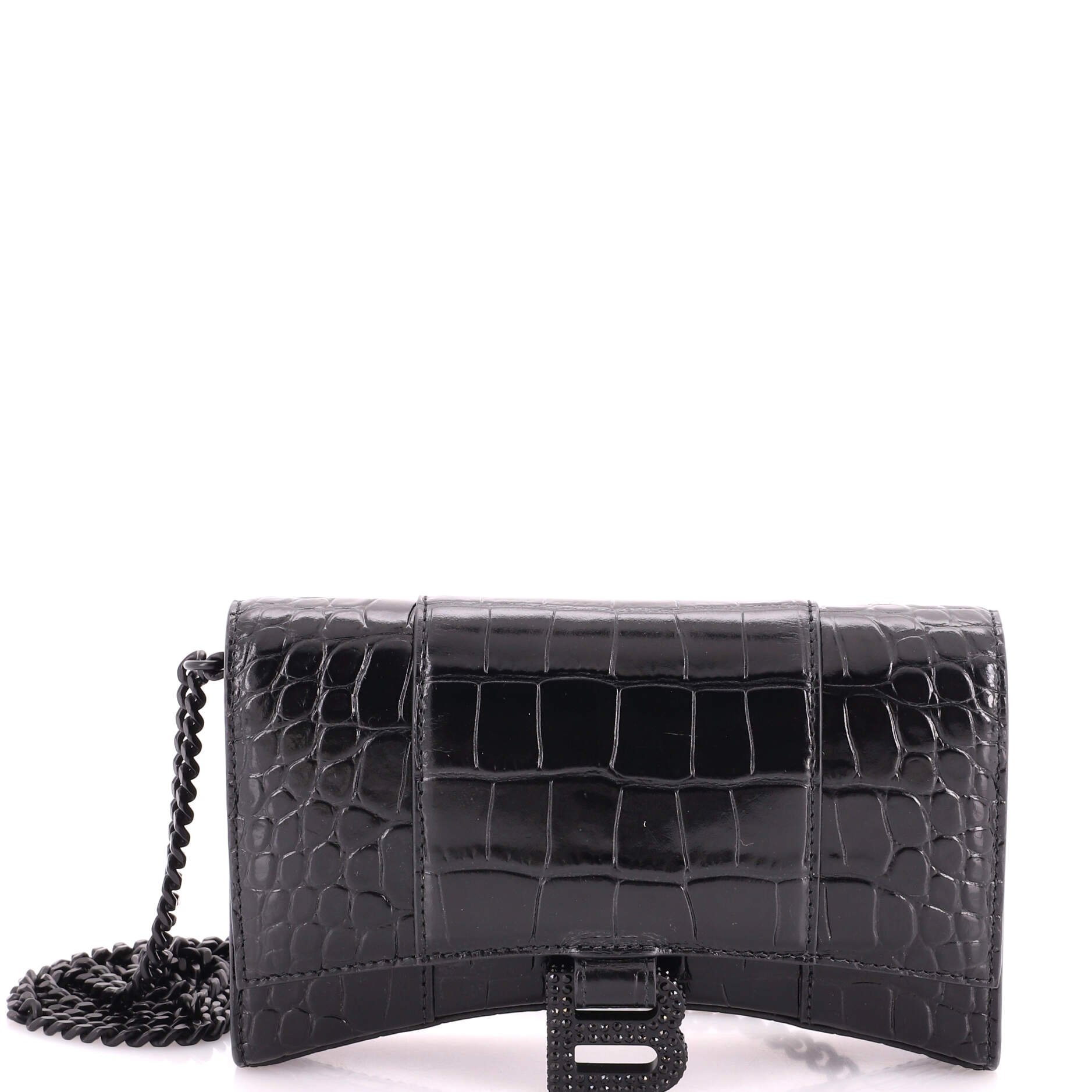 Balenciaga Hourglass Chain Wallet Crocodile Embossed Leather