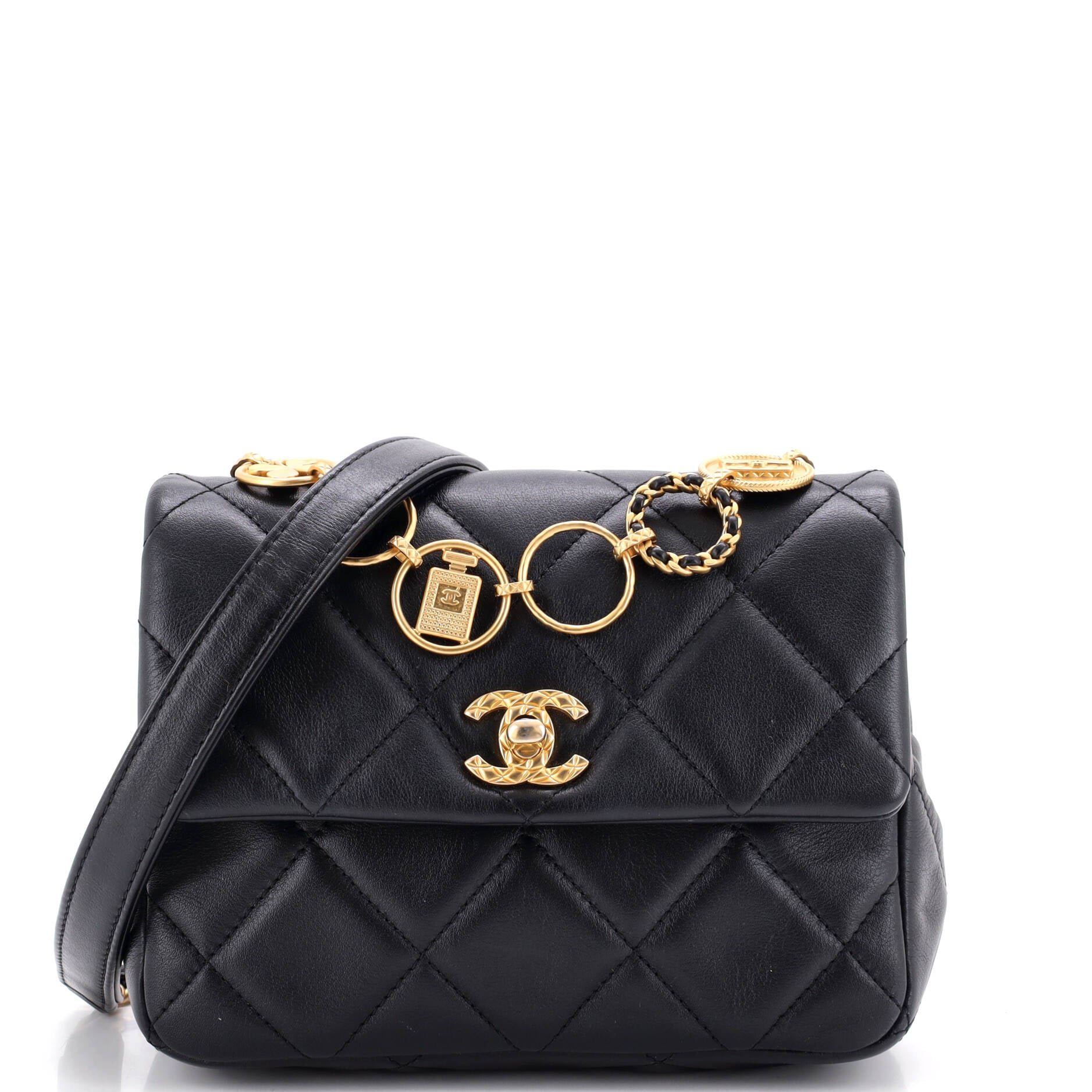 CC Charm Chain Strap Flap Shoulder Bag Quilted Lambskin Mini