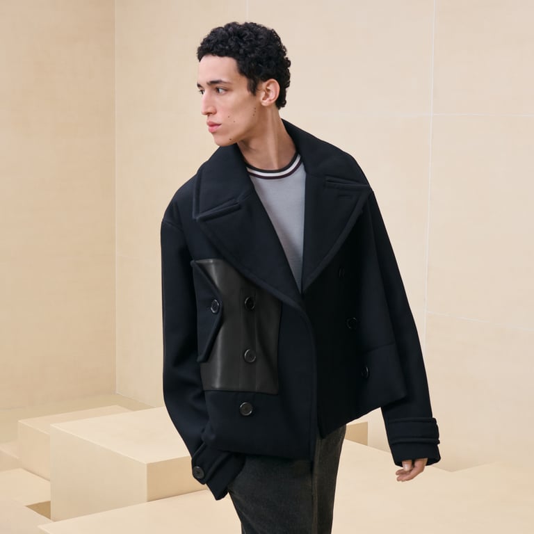 Pea coat with leather details