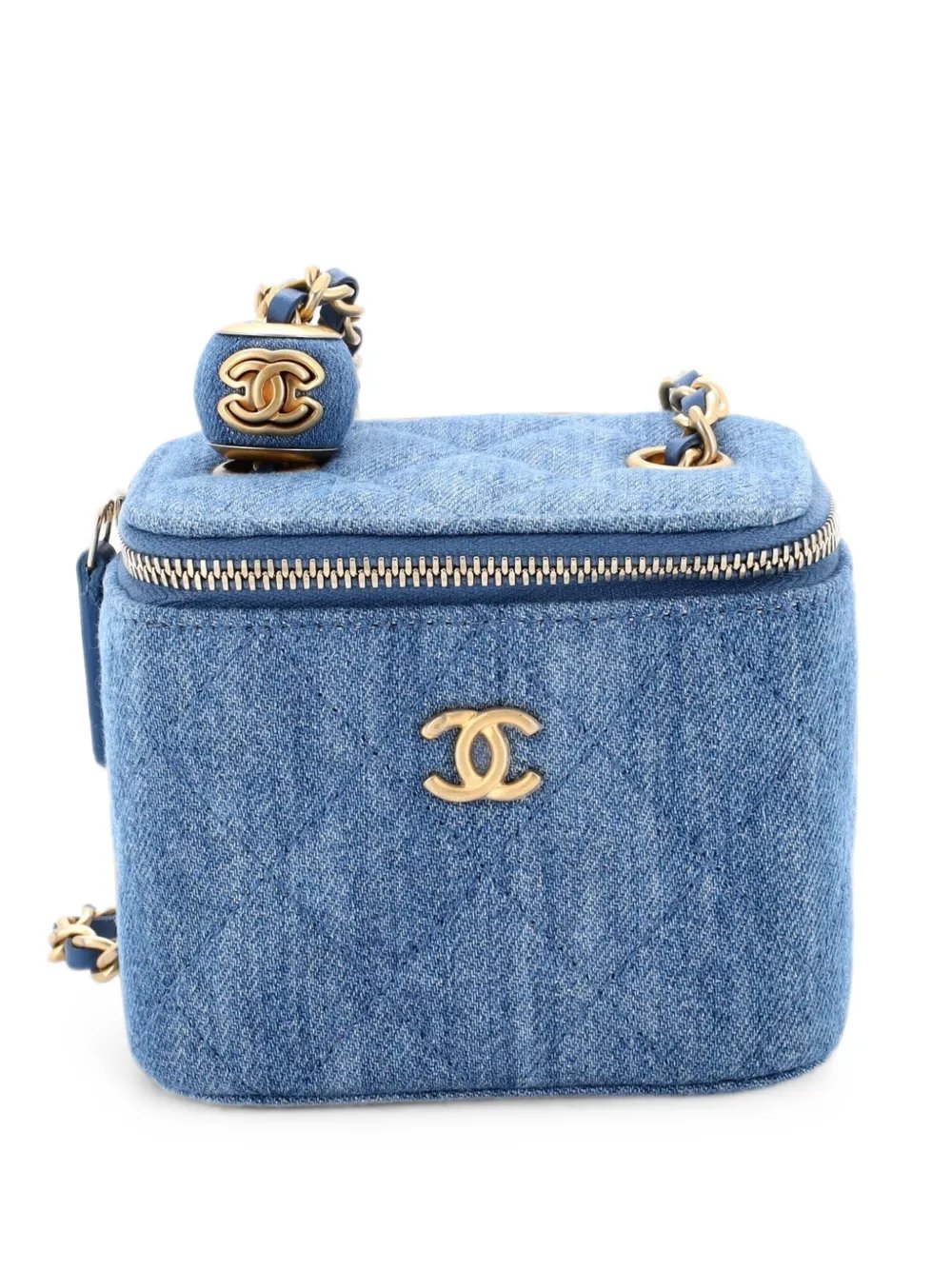 Pearl Crush Vanity Case with Chain Quilted Denim Mini clutch bag