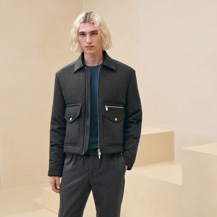 Charbon Straight Cut Jacket With Leather Detail