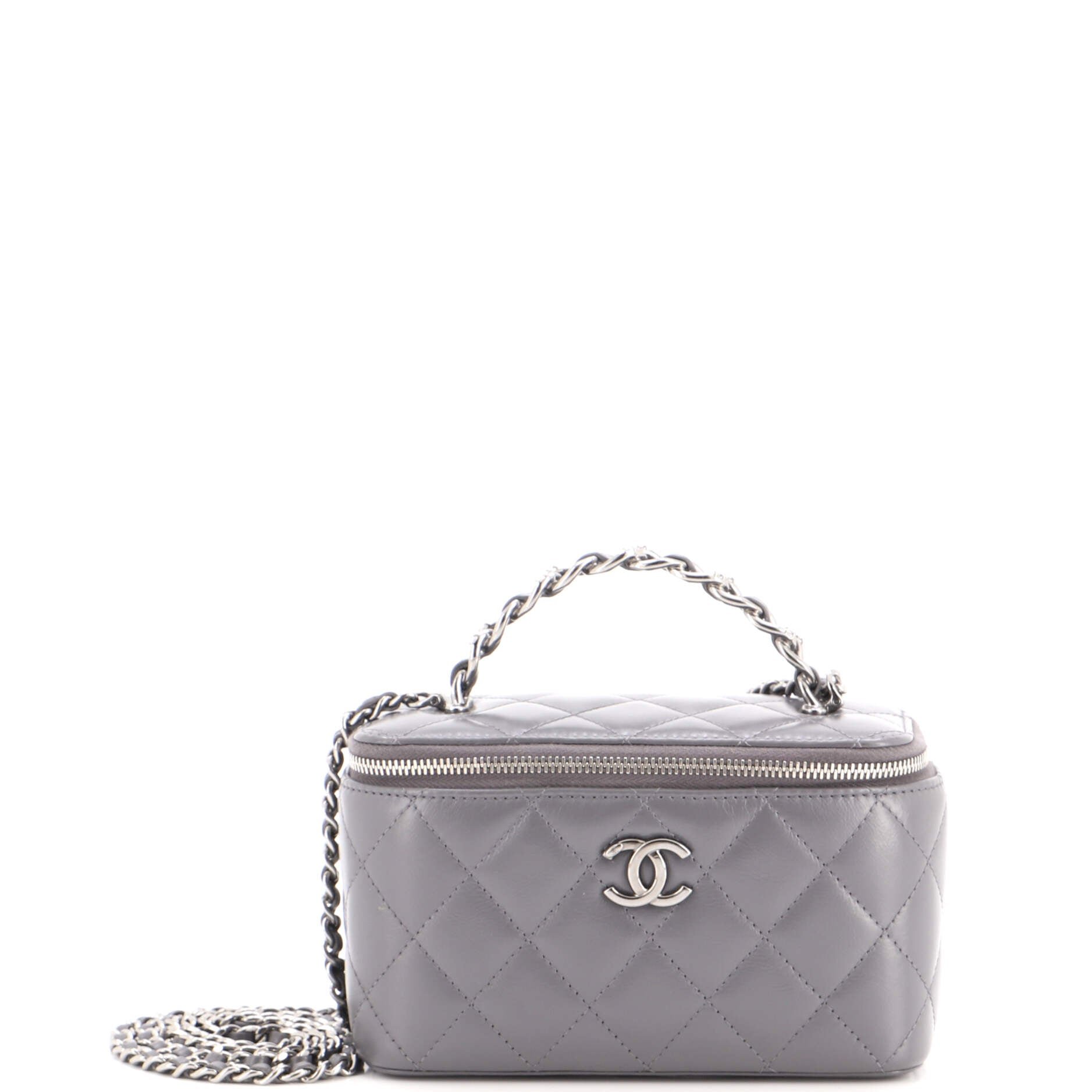 Top Handle Vanity Case with Chain Quilted Lambskin with Crystals Small