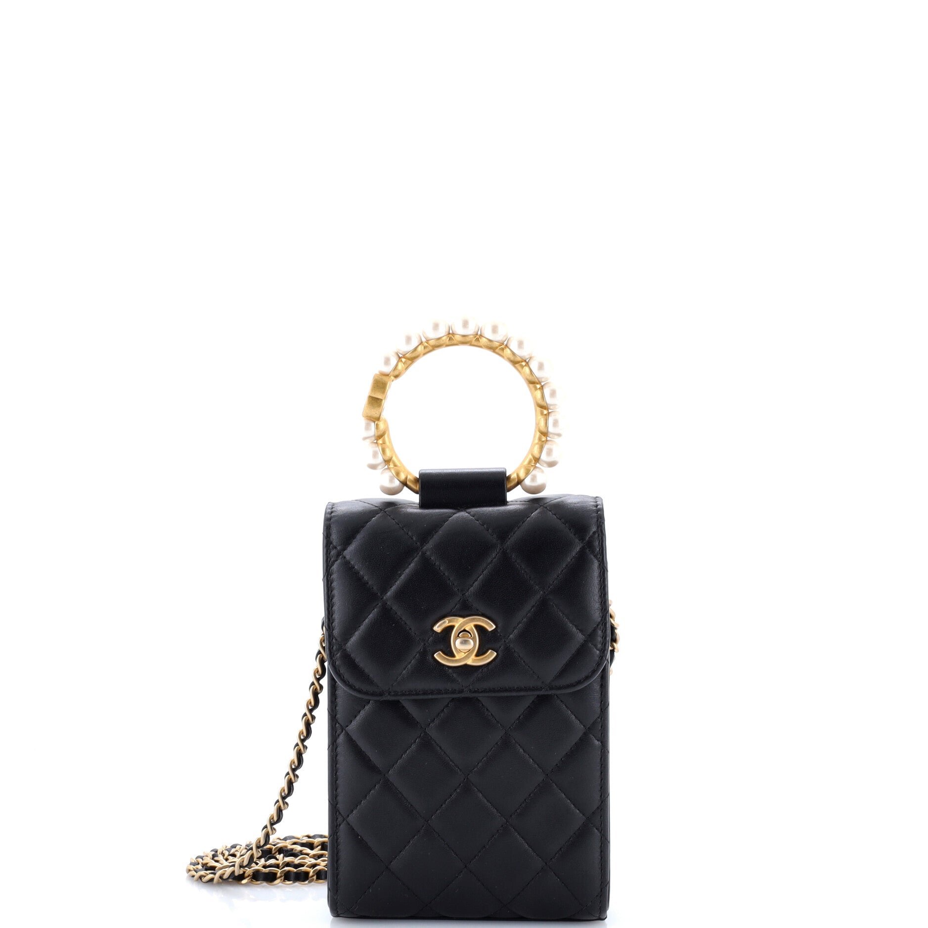 Pearl Crown Phone Holder with Chain Quilted Lambskin