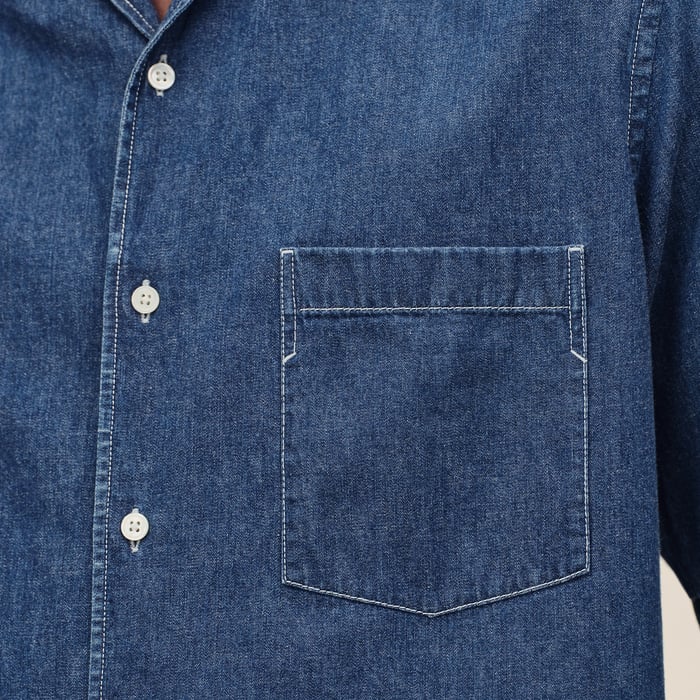 Indigo Lavé Short-sleeve Straight Cut Shirt With Notched Collar