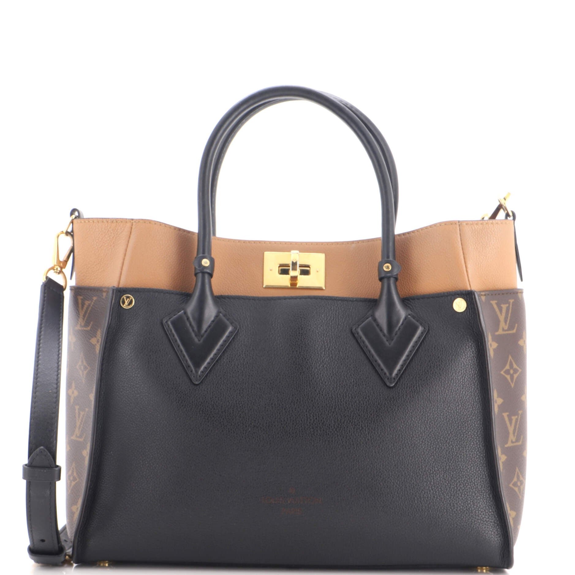 On My Side Tote Leather with Monogram Canvas MM