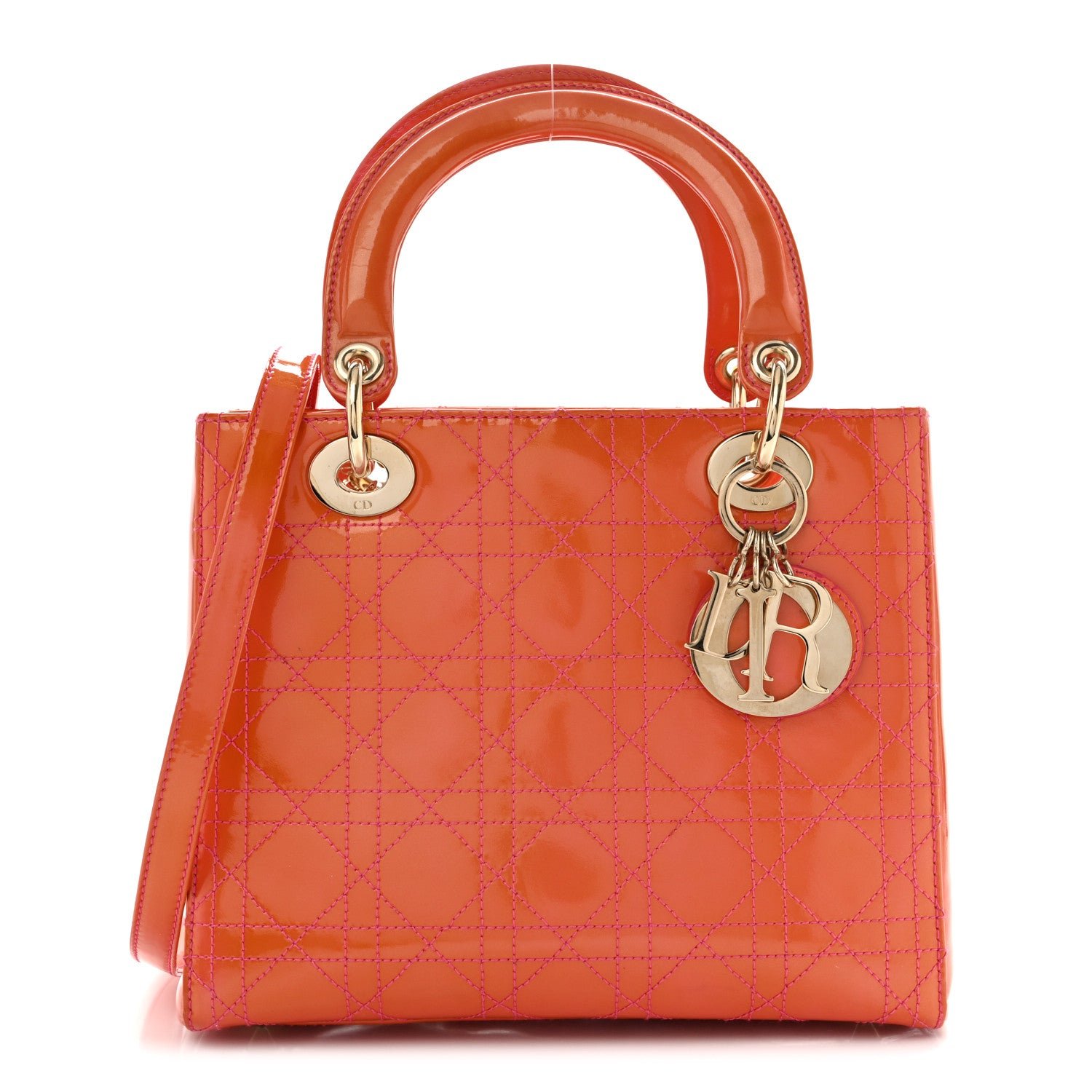 Christian Dior Patent Cannage Stitched Medium Lady Dior Orange