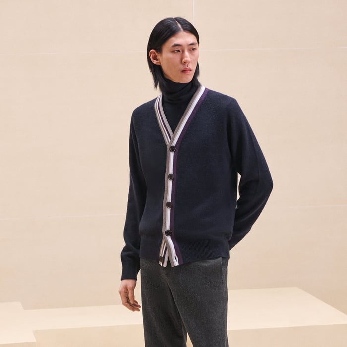 Marine Cashmere "Rayures Asymetriques" Buttoned Cardigan