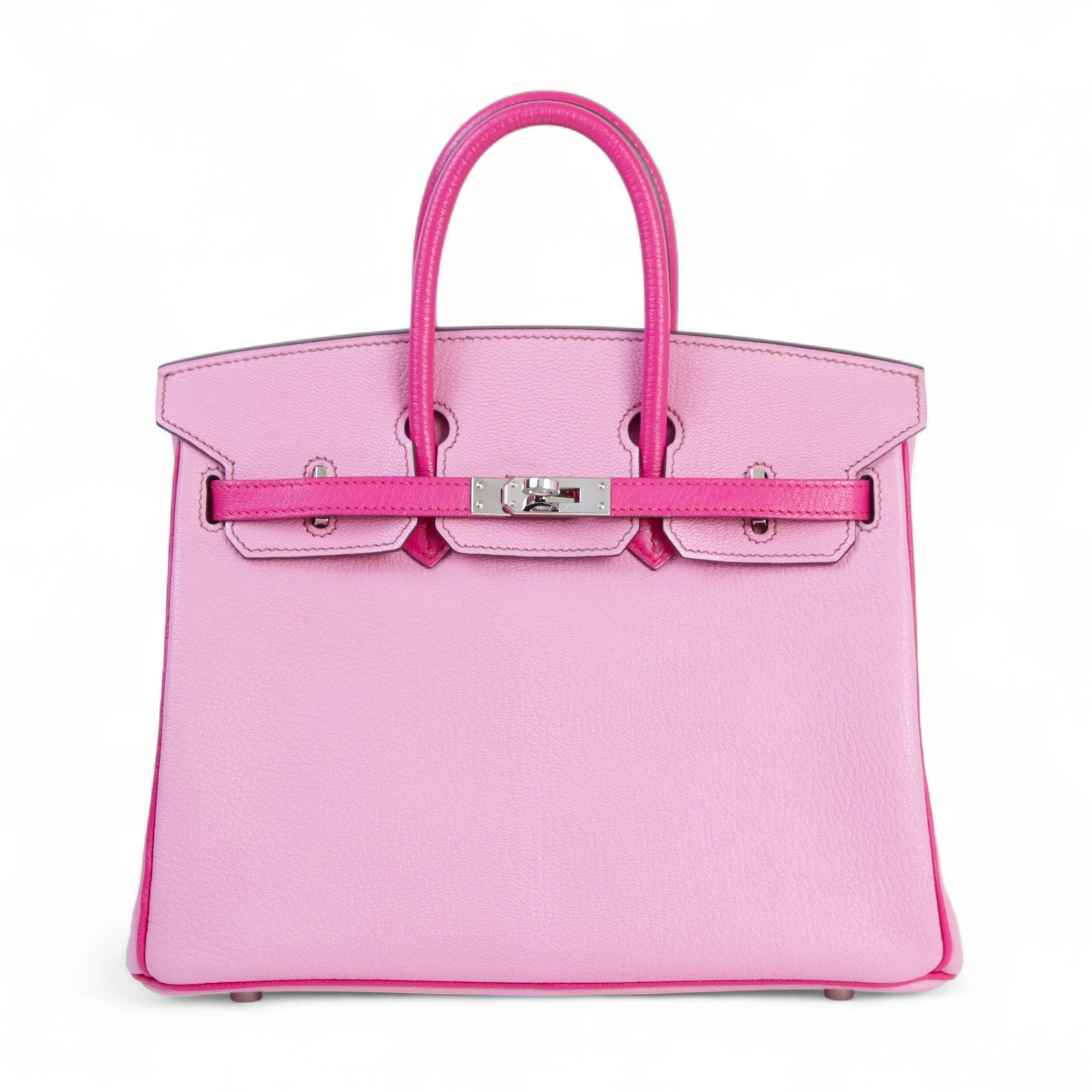 Hermes Very Good ( Rank A) HERMÈS Special Order Birkin 25 Rose Shocking (5R) Pink (5P) Chevre Palladium hardware Square P (2012)