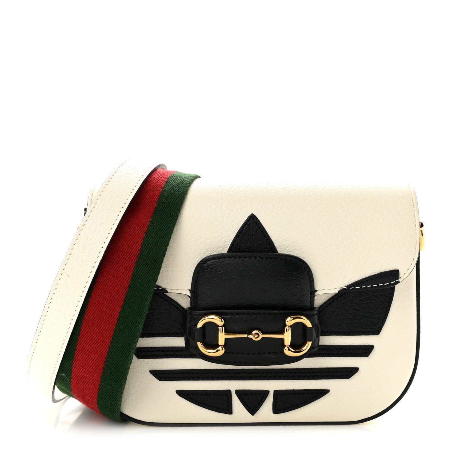 Gucci X ADIDAS Textured Dollar Calfskin Web Trefoil Mini Horsebit 1955 Shoulder Bag Off White Black Off White Black