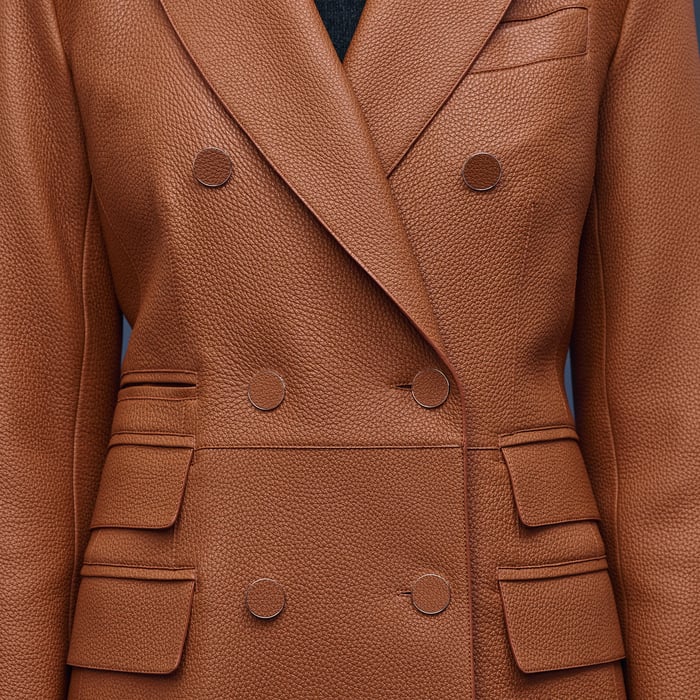 Marron Fauve Veste Tailleur Double Croisure En Cuir