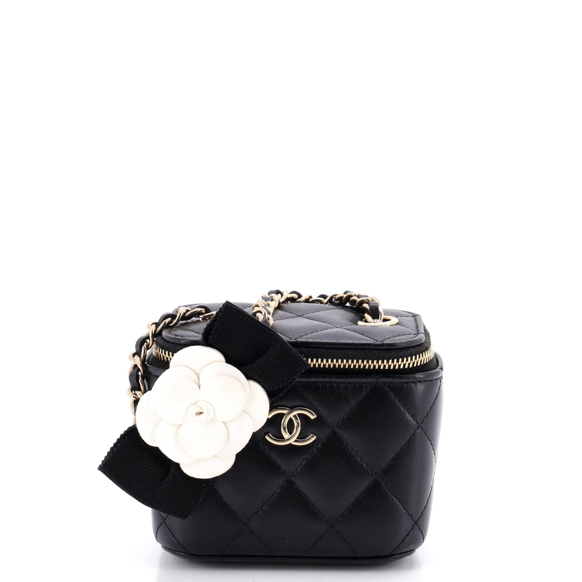 Camellia Bow Vanity Case with Chain Quilted Lambskin Mini