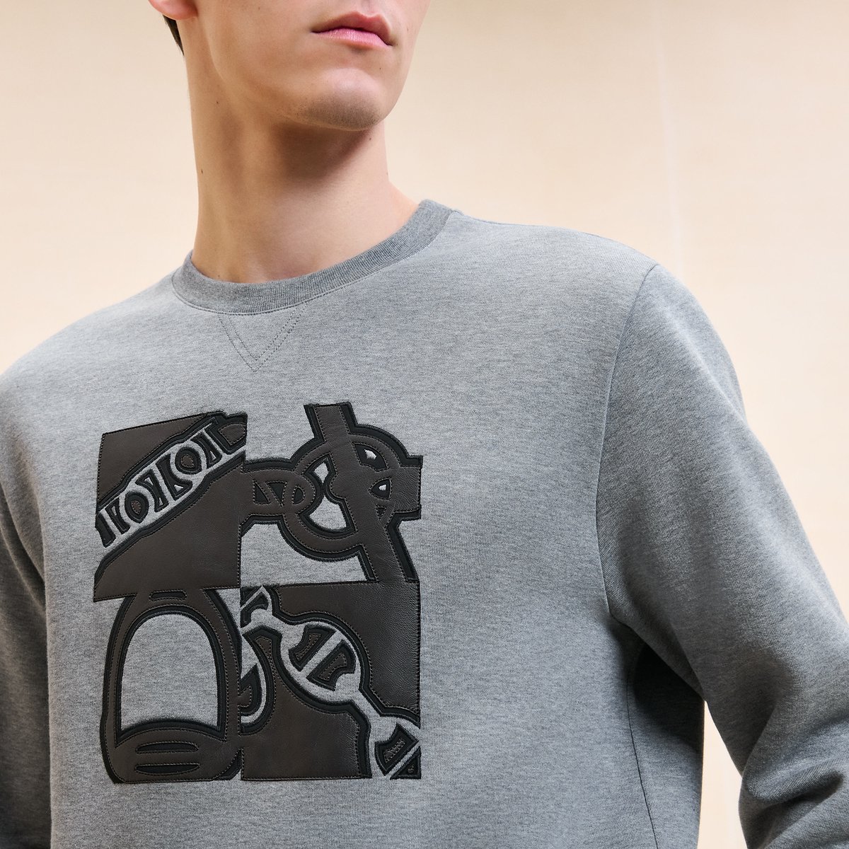 Gris "Metallerie Au Carre" Crewneck Sweater With Leather Detail