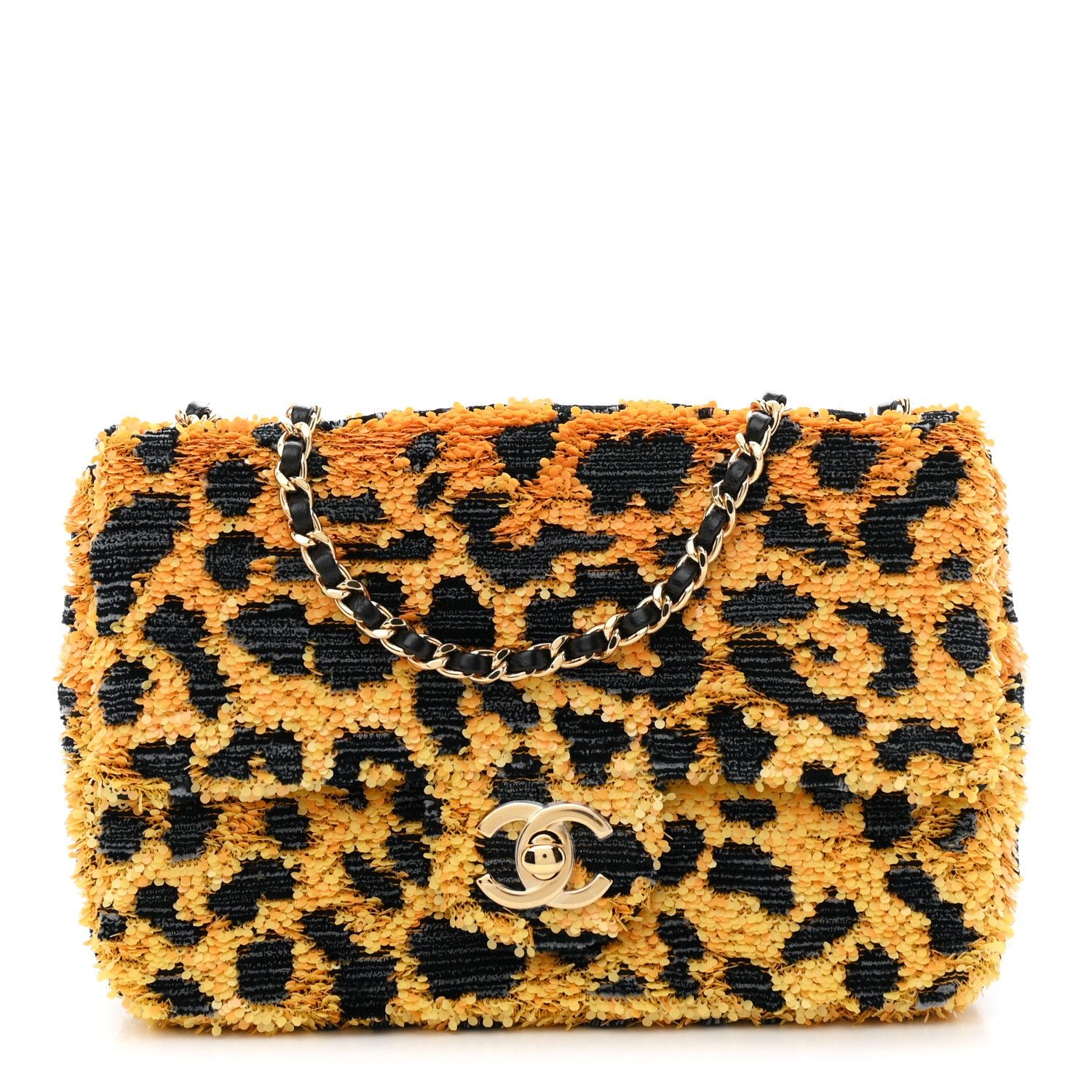 Chanel Sequin Mixed Fibers Leopard Print Mini Rectangular Flap Black Orange