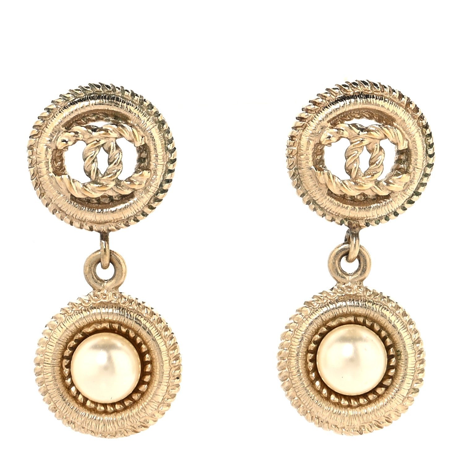 Chanel Pearl CC Dangle Earrings Gold