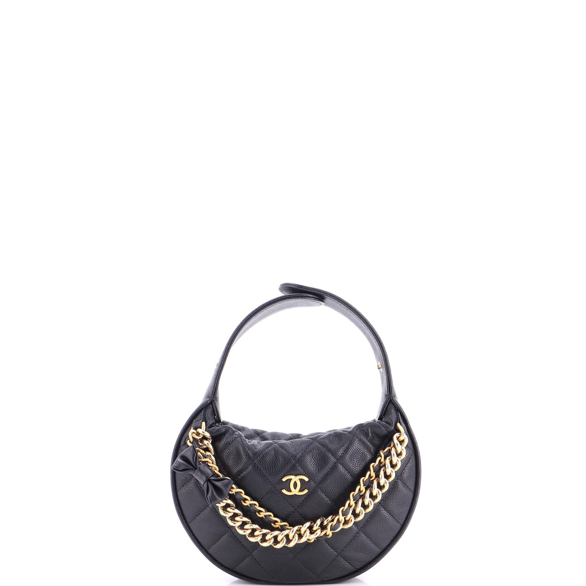 Double Chain Bow Hobo Pouch Quilted Caviar Mini