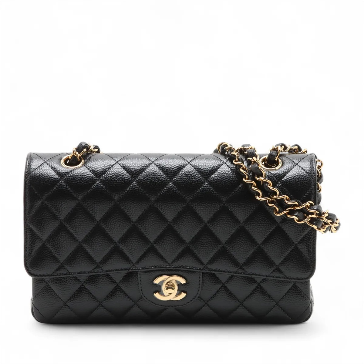 Chanel Matelasse 25 Caviar Skin Double Flap Double Chain Bag Black Gold Metal Fi