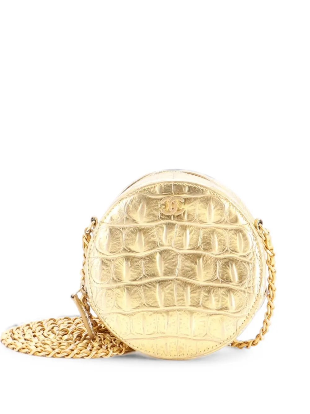 Round with Chain Crocodile Embossed Metallic Calfskin clutch bag