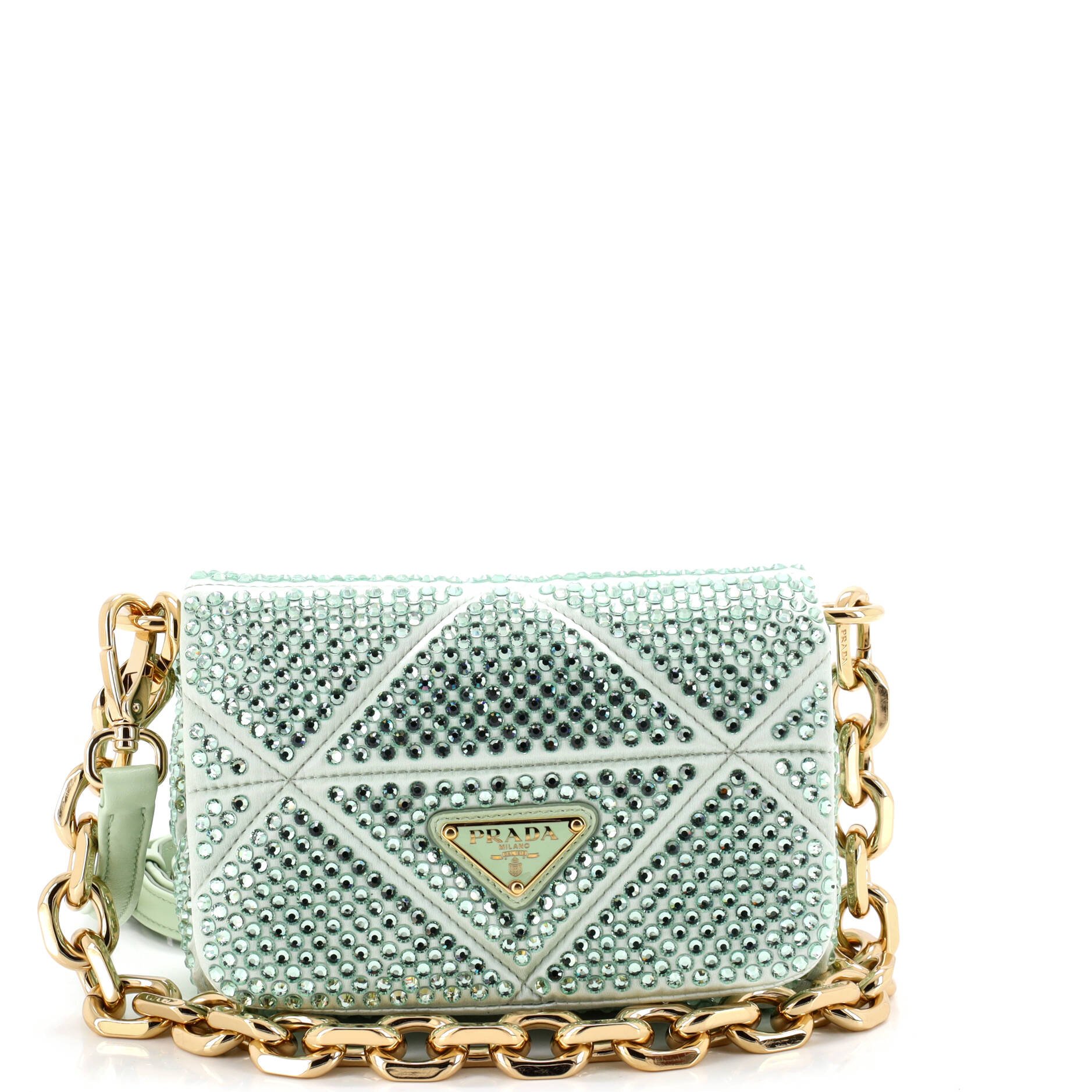 Triangle Chain Flap Bag Crystal Embellished Quilted Satin