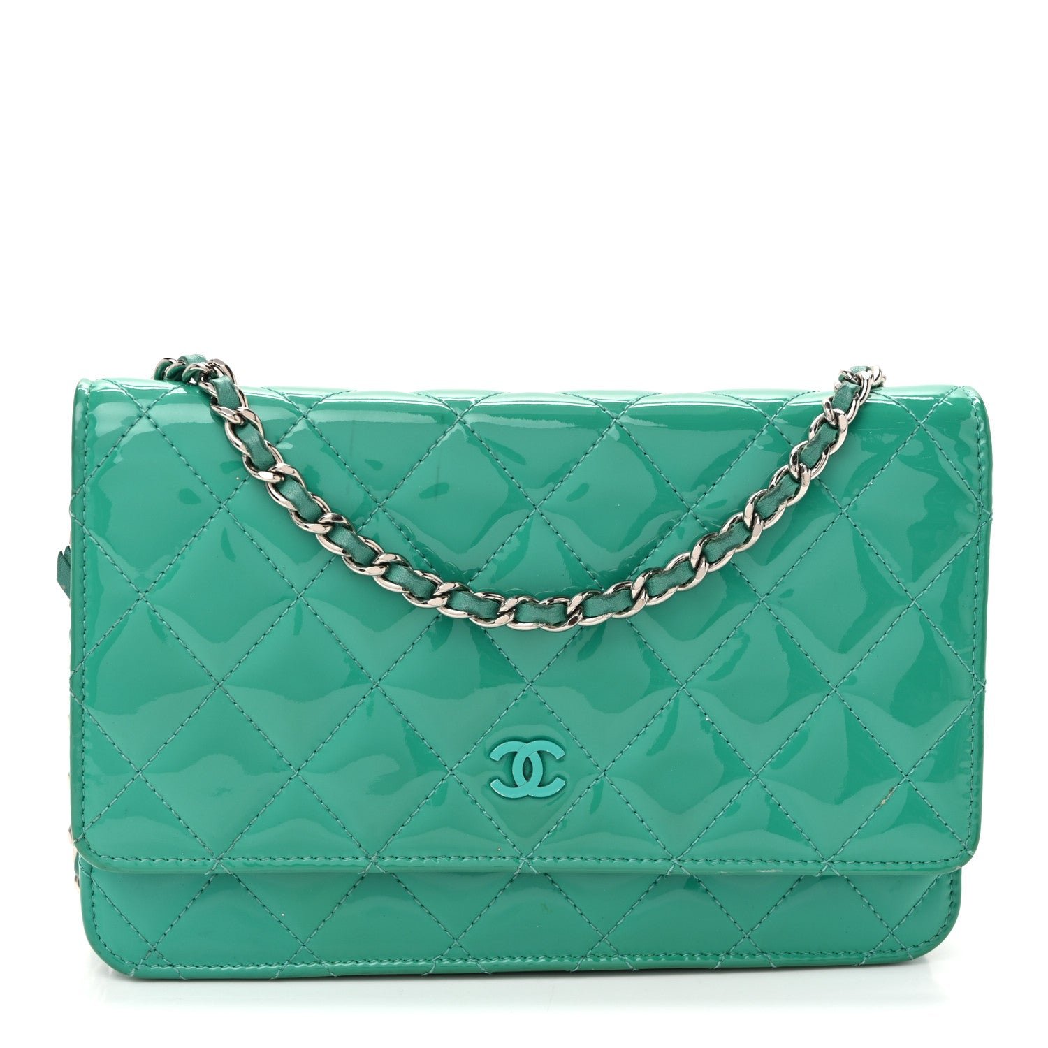 Chanel Patent Quilted Wallet On Chain WOC Green