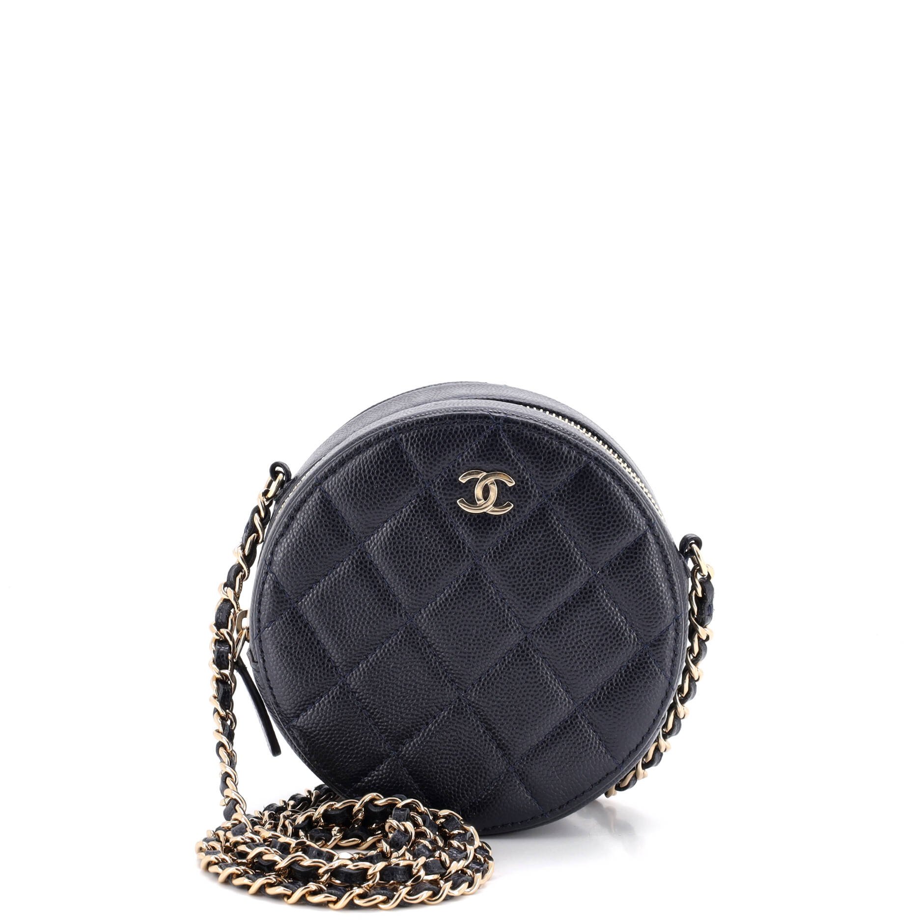 Round Clutch with Chain Quilted Caviar Mini