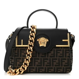 Versace X FENDI Grained Calfskin Fendace Medium La Medusa Top Handle Bag Black Brown