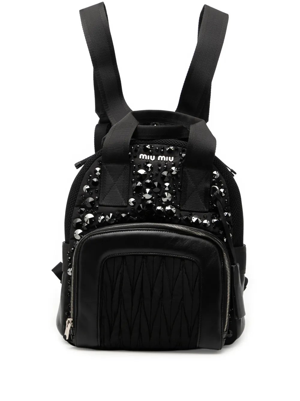 Miu Miu 2010-2026 Leather Trimmed Matelasse Crystal Embellished Nylon backpack