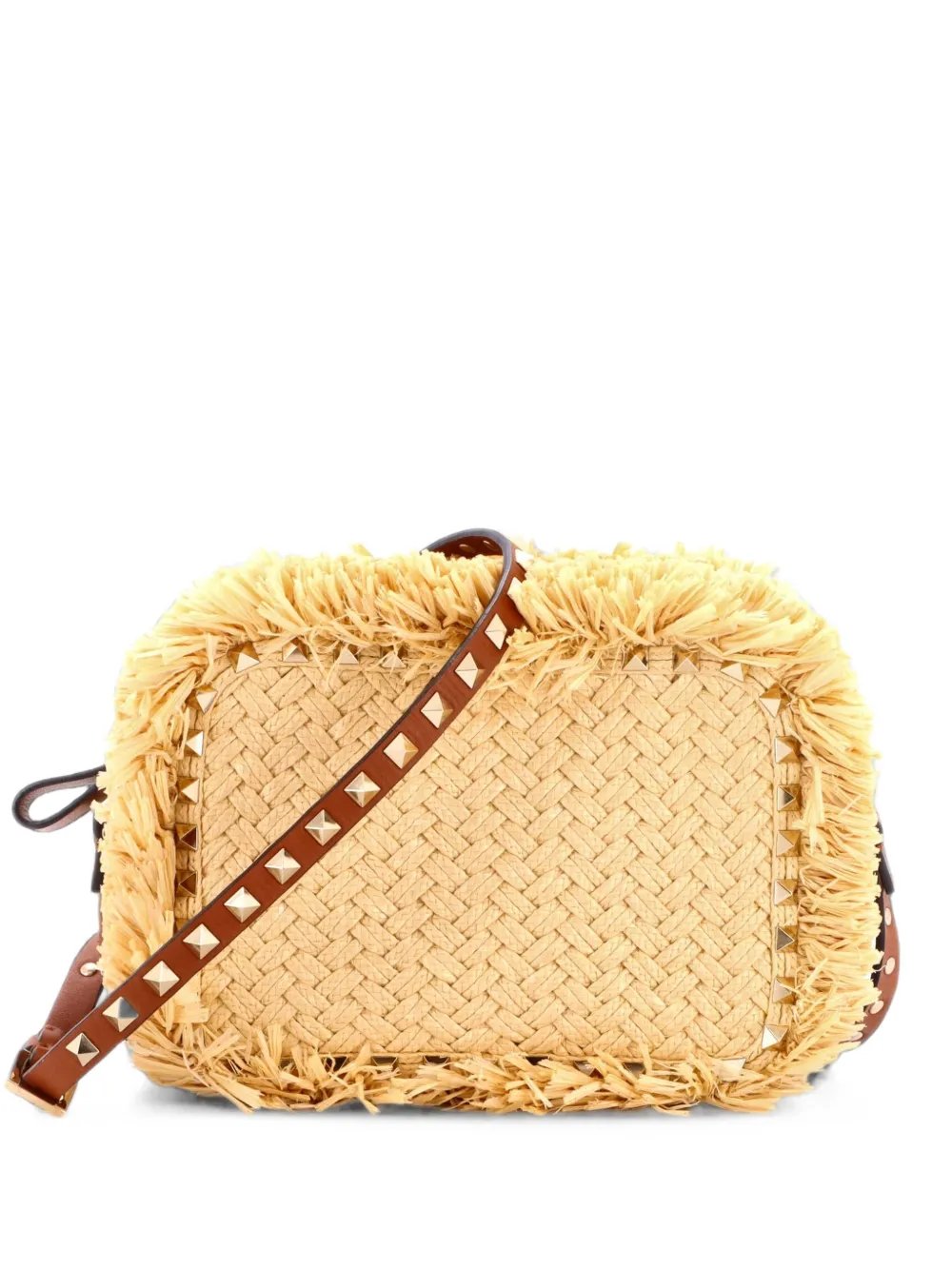 Rockstud Camera Raffia with Leather crossbody bag
