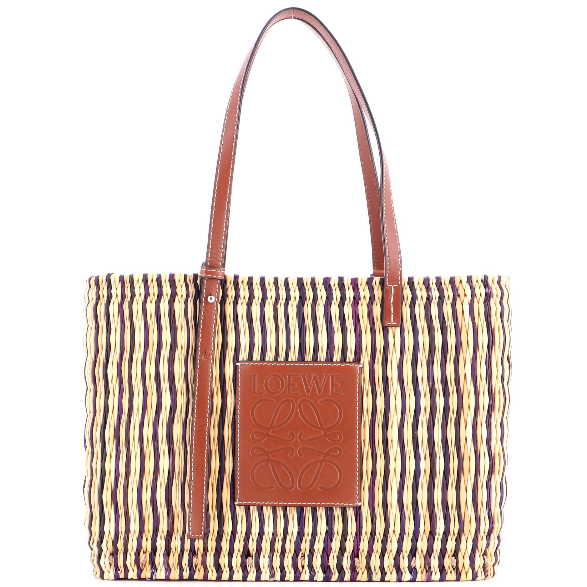 Loewe Paula&#39;s Ibiza Square Basket Tote Woven Reed with Leather Small