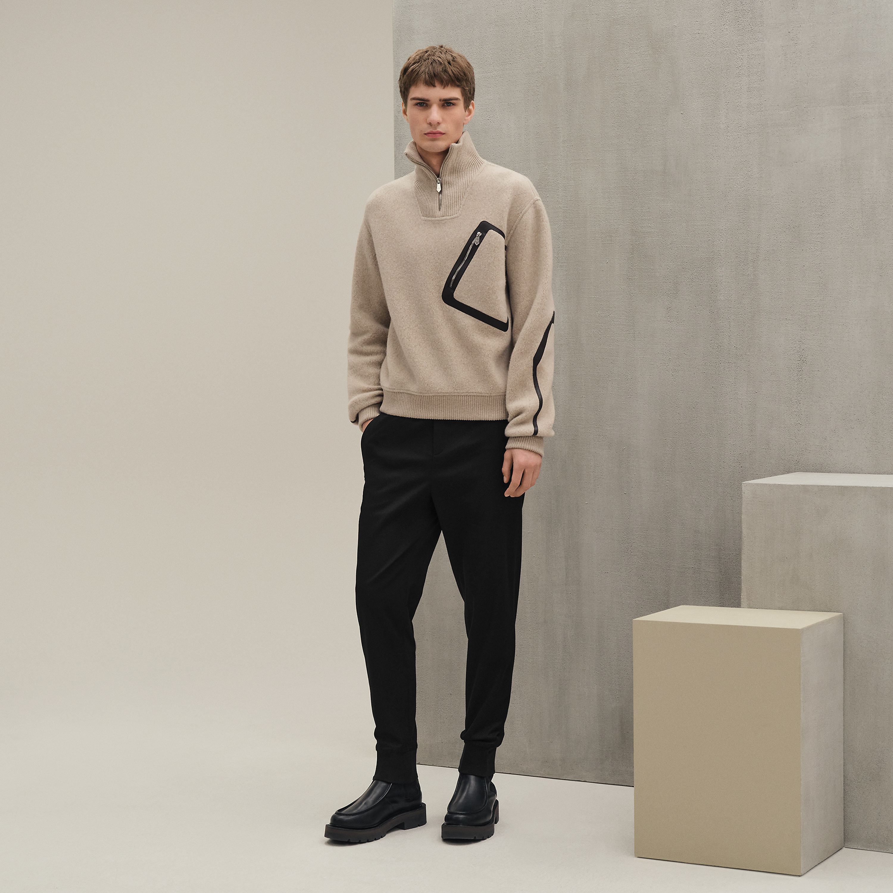 Full-zip sweater with leather detail