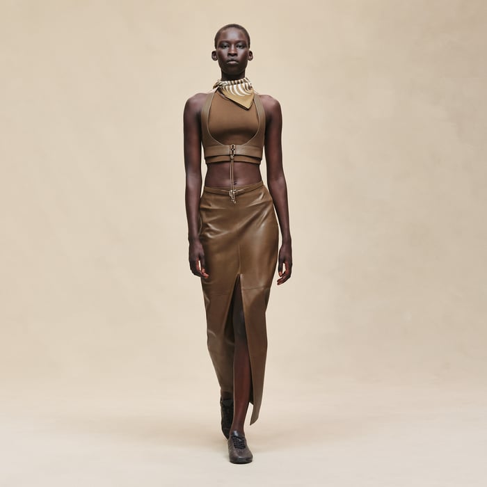 Marron Muschio Mixed Knit Long Skirt With Slit