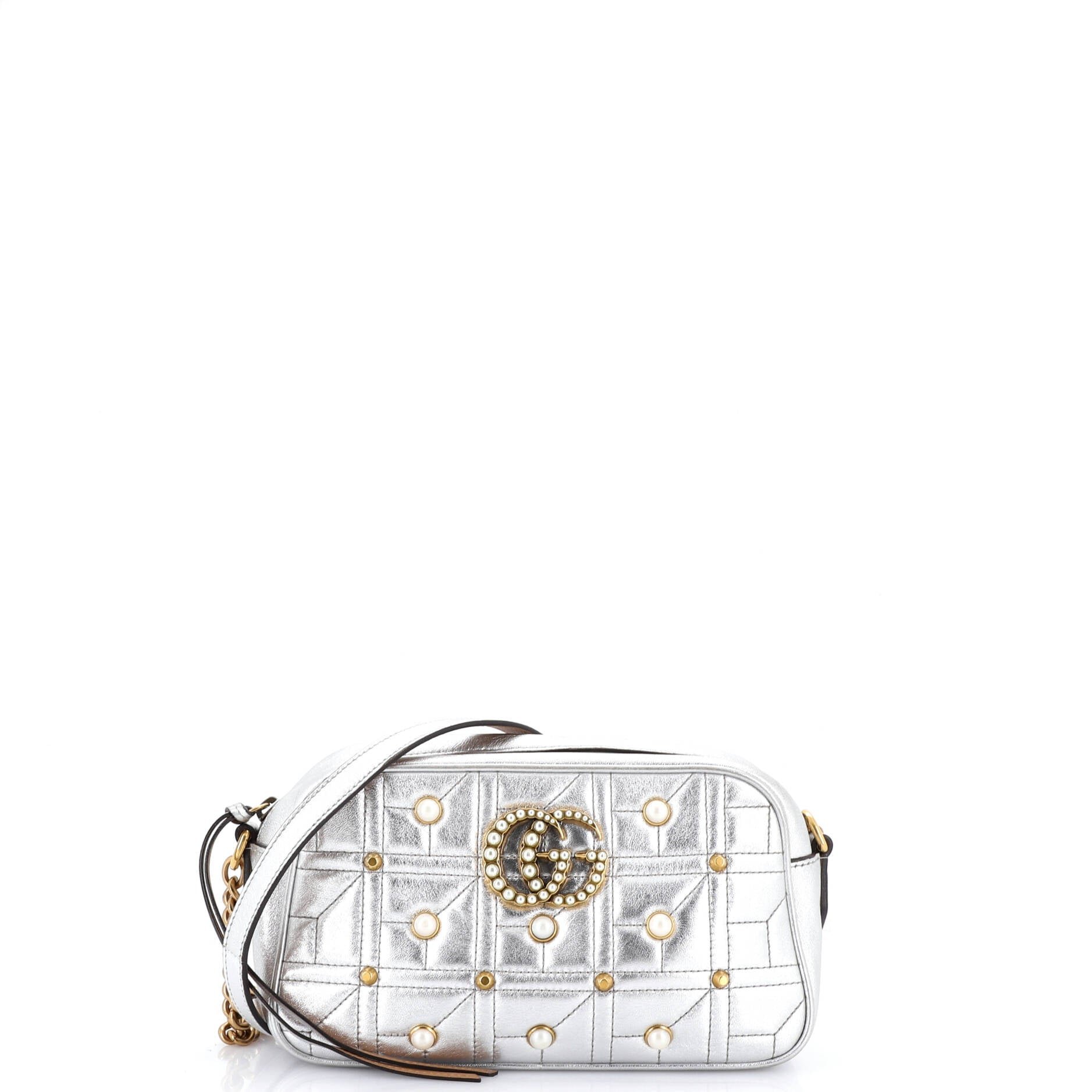 Pearly GG Marmont Shoulder Bag Embellished Matelasse Leather Small