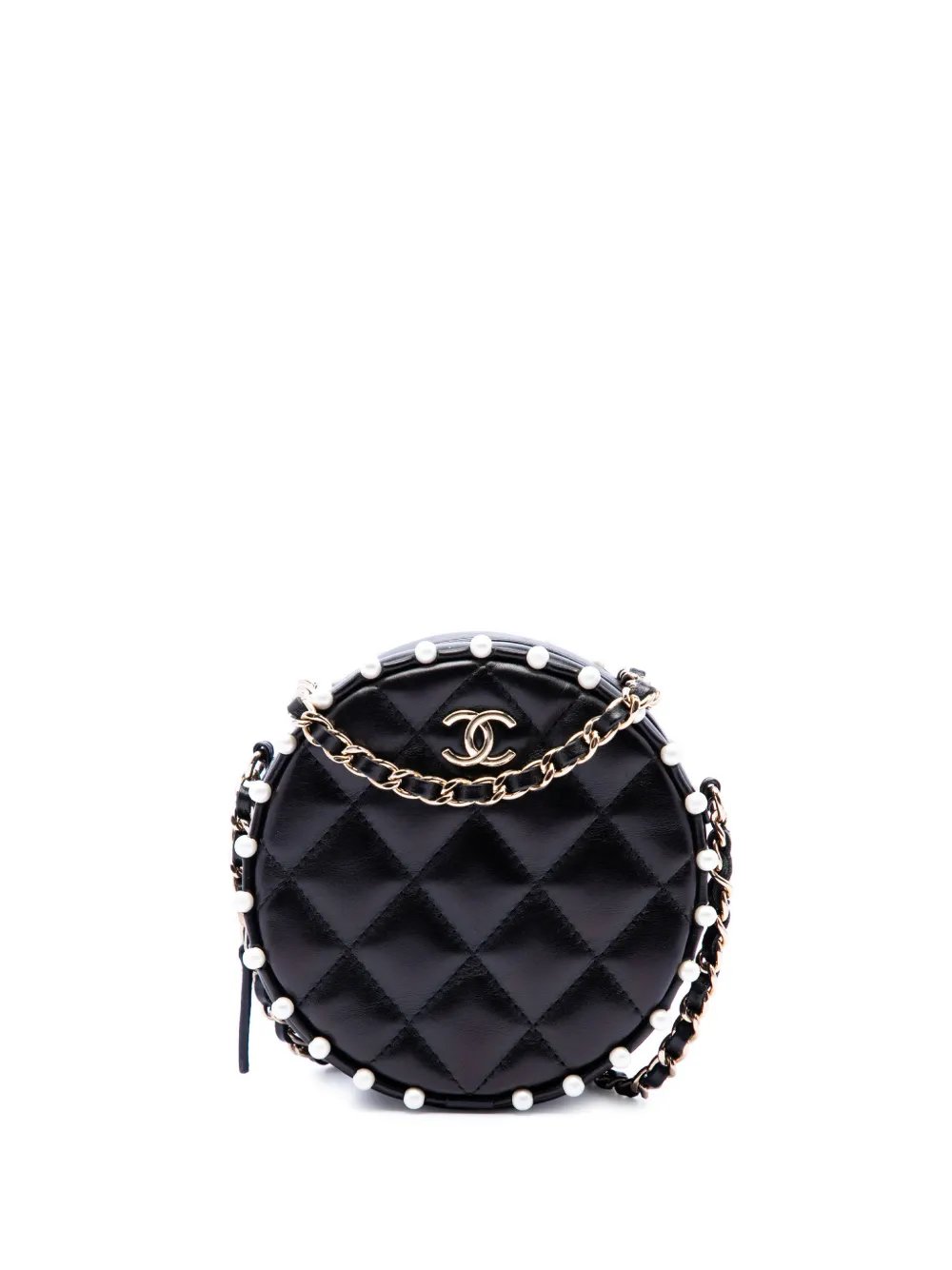 2017 Quilted Calfskin Pearl Studded Round Clutch with Chain crossbody bag