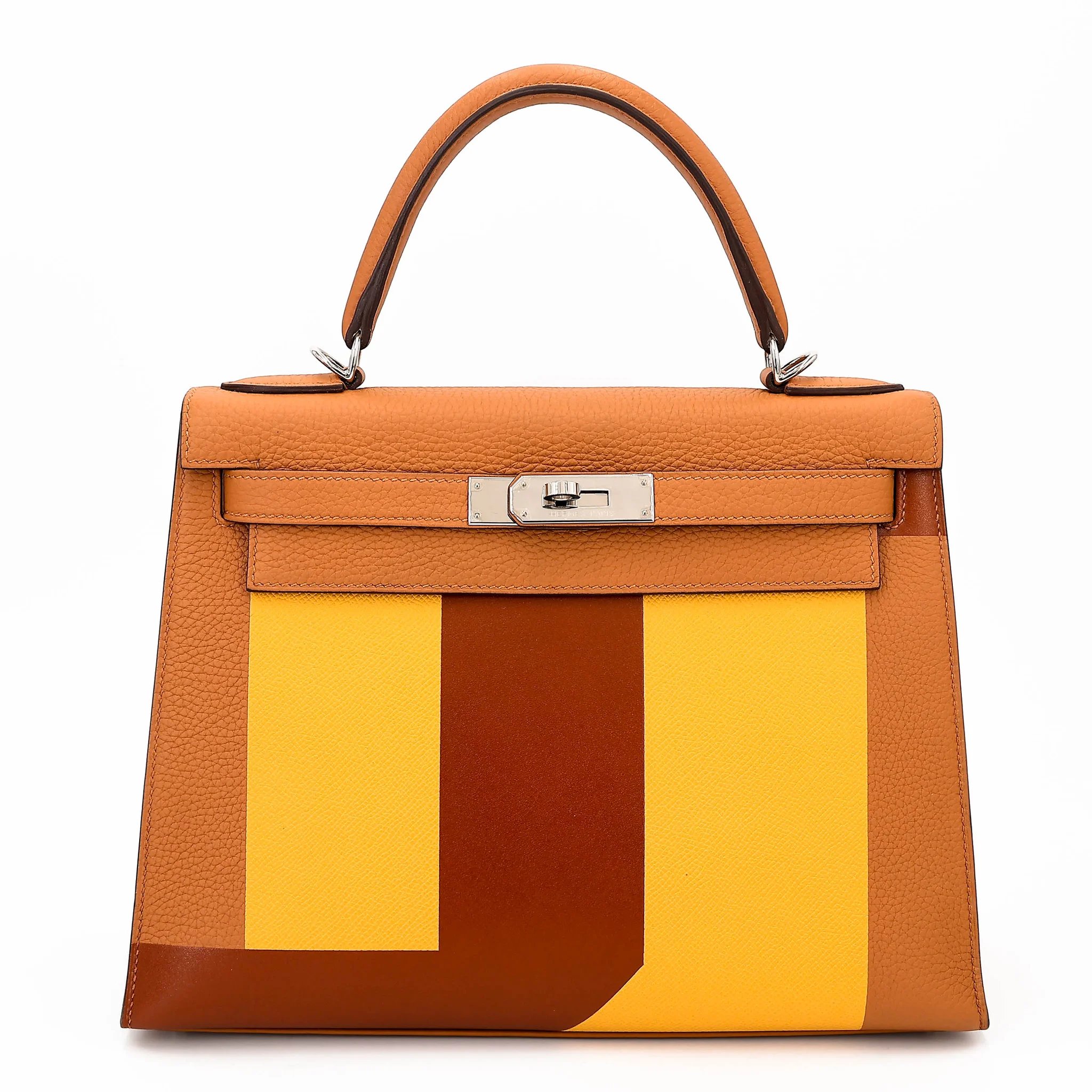 Hermes Limited Edition Kelly 28 Graphie Sellier Letter S Gold (37) Jaune Ambre (9D) Caramel (28) Clemence Epsom Sombrero Palladium hardware C (2018)