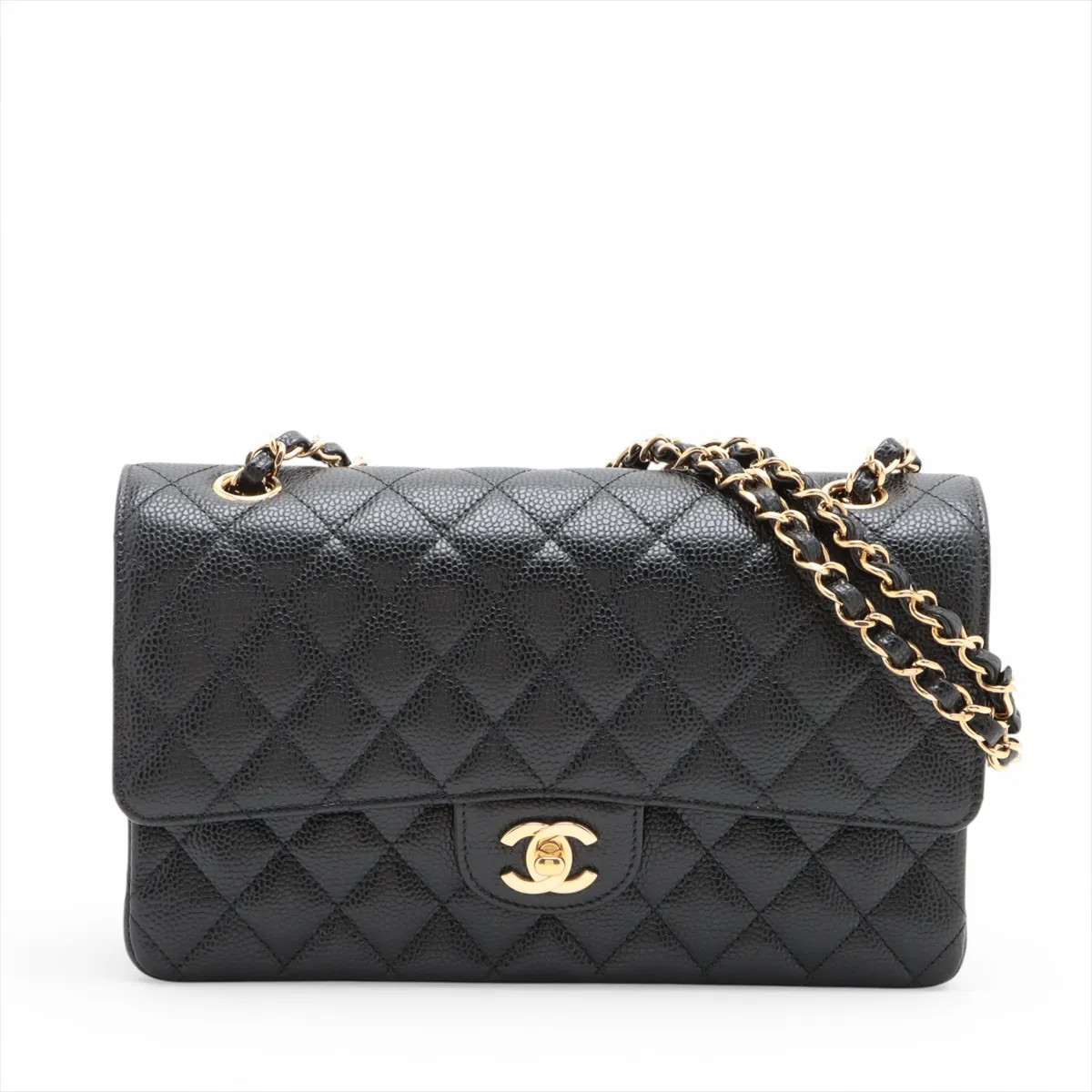 Chanel Matelasse 25 Caviar Skin Double Flap Double Chain Bag Black Gold Metal Fi