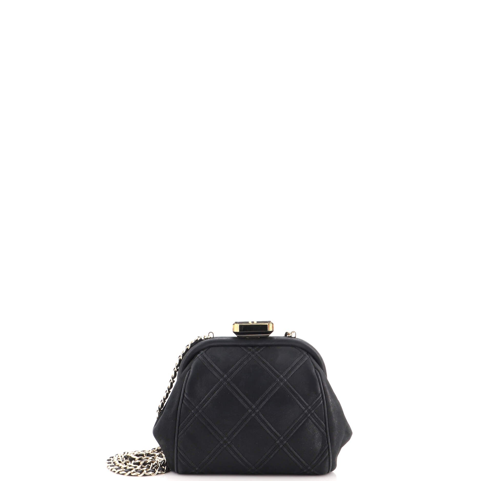 CC Kisslock Double Stitched Clutch on Chain Quilted Calfskin Mini