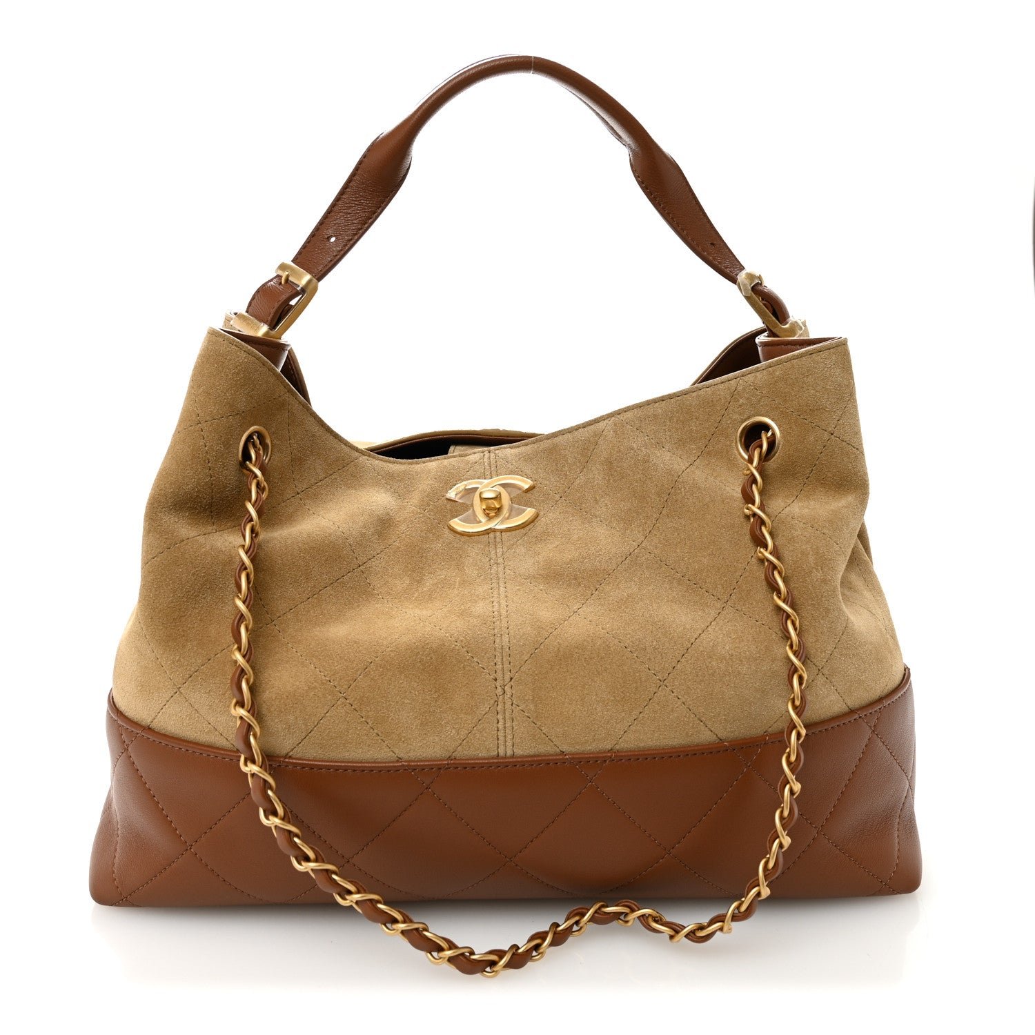 Chanel Suede Calfskin Shiny Lambskin Quilted Small Coco Base Shopping Bag Beige Camel
