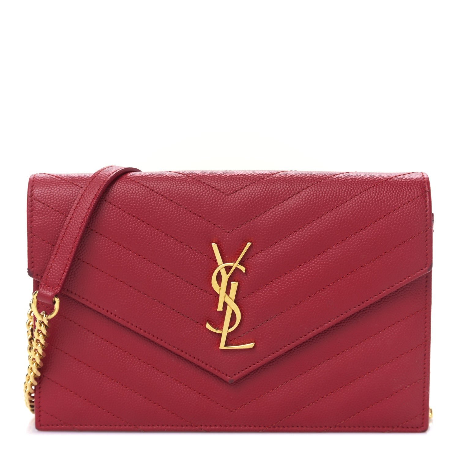 Saint Laurent Grain De Poudre Matelasse Chevron Monogram Envelope Chain Wallet Red